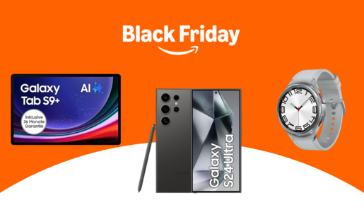 Samsung Galaxy Tab S9+, Galaxy S24 Ultra und Galaxy Watch vor orange-weißem Hintergrund mit Black Friday-Schriftzug. | © Amazon