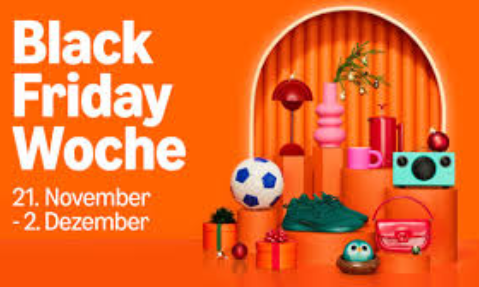 Orangefarbener Hintergrund mit „Black Friday Woche“-Schriftzug, bunten Geschenken, Dekorationen und Konsumartikeln wie Sneaker und Kamera. | © Amazon