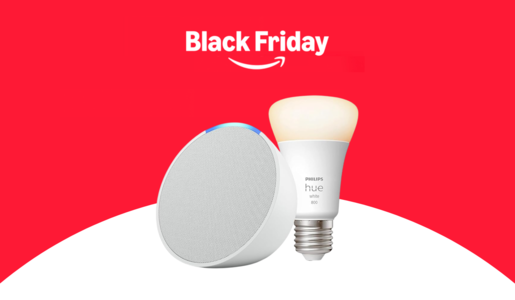 Der Schriftzug "Black Friday 2024", darunter das Amazon Zeichen, darunter ein Echo Pop und eine Philips Hue-Glühbirne, beides in weiß | © Amazon