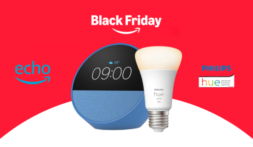 Der Schriftzug "Black Friday" mit dem Amazon-Logo, darunter ein Echo Spot in schwarz-blau und eine Philips Hue-Lampe in weiß. | © Amazon/Philips