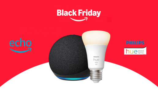 Der Schriftzug "Black Friday" mit dem Amazon-Logo, darunter ein Echo Spot in schwarz-blau und eine Philips Hue-Lampe in weiß. | © Amazon/Philips