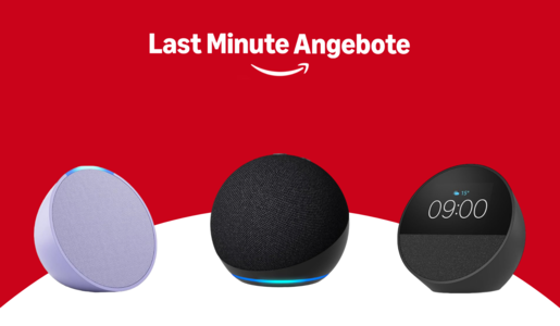 Amazon Echo Pop, Echo Dot und Echo Spot-Lautsprecher in modernem Kugel-Design vor rotem Hintergrund mit weißem Text "Last Minute Angebote" und Amazon-Logo. | © Amazon