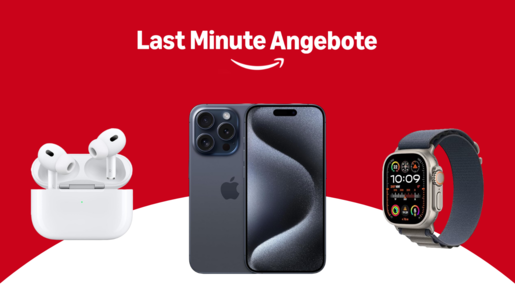 Der Schriftzug "Last MInute Angebote" mit dem Amazon-Logo, darunter die AirPods 4 in weiß, daneben das iPhone 16 und die Apple Watch 10, jeweils in schwarz | © Amazon
