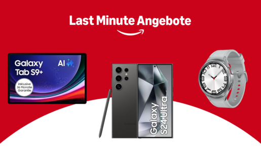 Schriftzug: „Last-Minute-Angebote“ mit dem Amazon-Logo, darunter ein Galaxy Tab S9+, ein Galaxy S24 Ultra Smartphone und eine silberne Galaxy Watch mit weißem Armband vor rotem Hintergrund. | © Amazon/Samsung