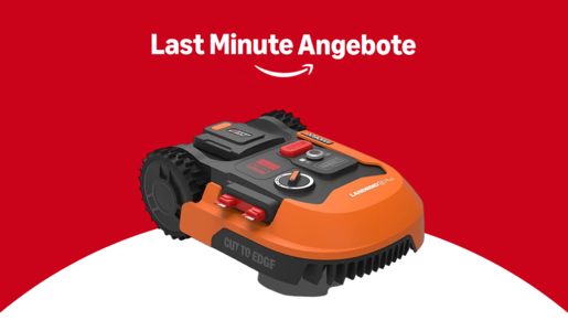 Der Schriftzug „Last Minute Angebote“ mit Amazon-Logo, Der kompakte, orange Mähroboter WORX Landroid Plus auf zweifarbigem Hintergrund. | © Amazon/WORX