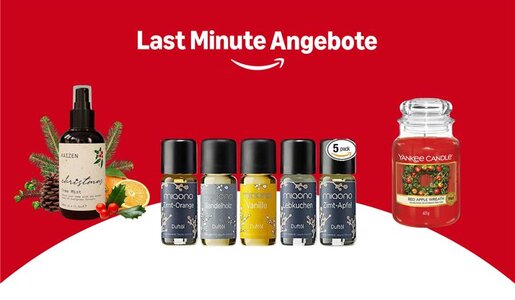 ein roter hintergrund mit  oben weißer schrift die sagt: Last Minute Angebote, 3 verschiedene Produkte sind darunter von Amazon, ein Duftspray links, in der Mitte sind Duftöle und rechts ist eine große Yankee Candle Kerze  | © Amazon