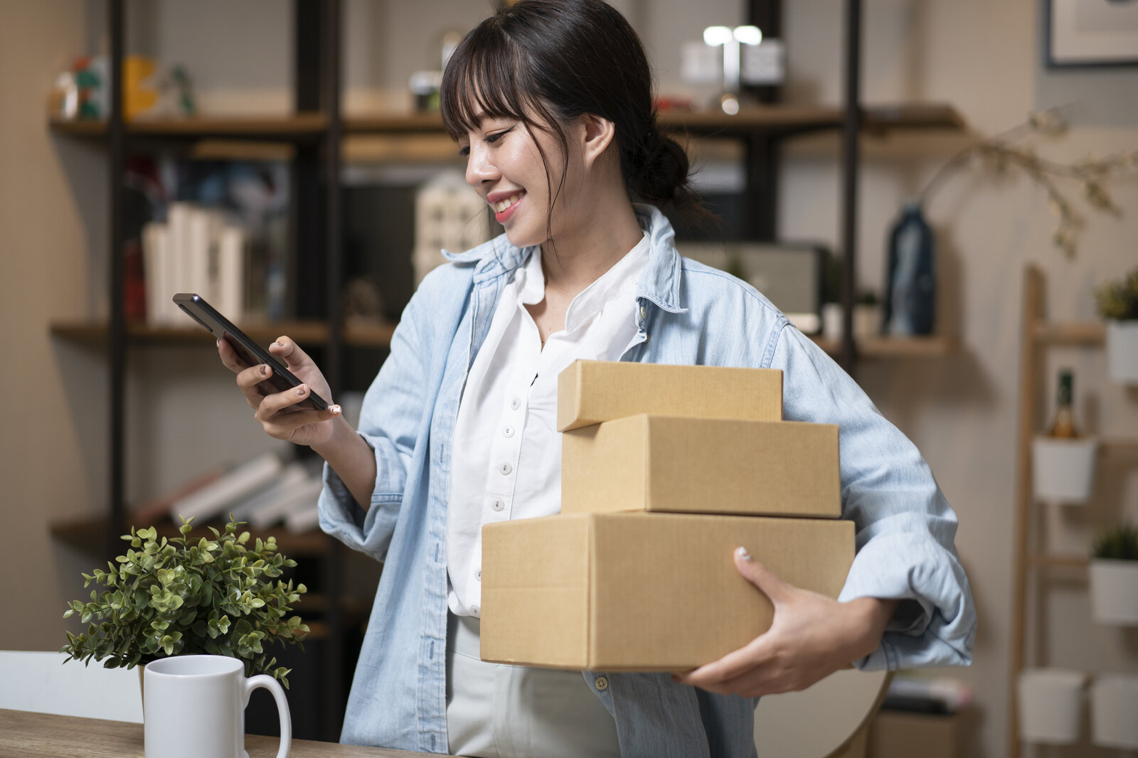 Eine junge Frau mit braunem Zopf und Jeanshemd lächelt, hält drei Kartons und tippt in einem hellen Arbeitszimmer auf ihr Smartphone. | © Getty Images/seksan Mongkhonkhamsao