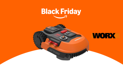 WORX Landroid Mähroboter in Nahaufnahme vor orangefarbenem Hintergrund mit "Black Friday" Angebot von Amazon. | © Amazon/WORX