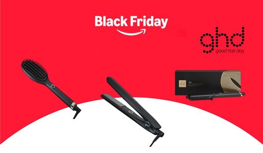 Haarglätter, Glättbürste und Volumenbürste von ghd, darüber der Black Friday-Schriftzug mit dem Amazon-Logo | © Amazon/ghd