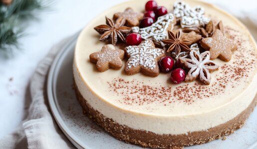 Lebkuchen-Käsekuchen in weihnachtlicher Umgebung, mit Lebkuchen dekoriert. | © Adobe Stock / World of AI / KI generiert