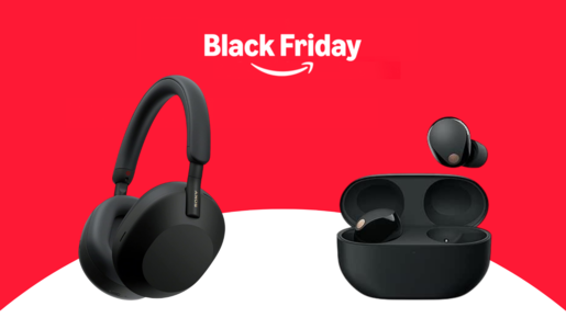 Schwarze Sony-Over-Ear-Kopfhörer und kabellose Ear-Buds in schwarzer Ladehülle vor rotem Hintergrund mit "Black Friday"-Schriftzug. | © Amazon/Sony