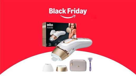 Der Schriftzug "Black Friday" mit dem Amazon-Logo, darunter das Braun IPL-Haarentfernungsgerät Pro 5 mit Rasierer, Aufsätzen und Tasche, präsentiert auf einem roten Werbehintergrund. | © Amazon/Braun